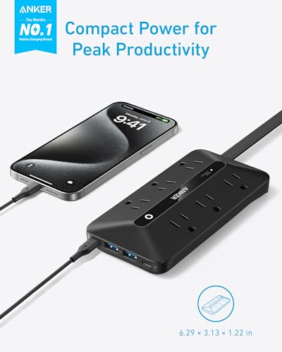 Anker Flat Plug Power Strip 300J, USB C Power Strip, 10-in-1 Ultra Thin Power Strip with 6 AC, 2 USB A and 2 USB C Ports,5feet Extension Cord, Desk Charging Station,Home Office College Dorm - Black