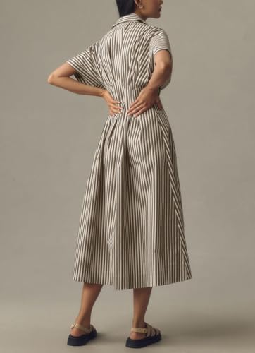 Amazon chouyatou Women's Contrast Color Striped Shirt Dress Pleated Button Down Maxi Long Tunic Dress
