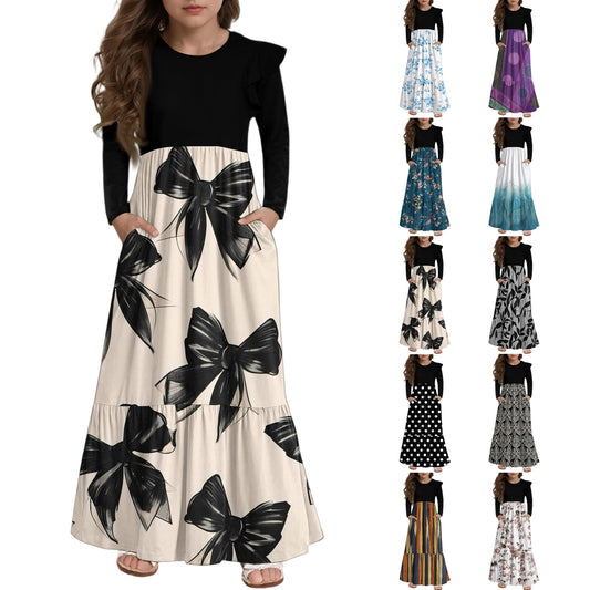 Walmart Abcomgle Girls Maxi Dresses Size 14-16 Casual Patchwork Ruffle Long Sleeve Maxi Dress Bownot Graphic Crew Neck Sundresses Loose Tiered Dresses with Pockets,11-12 Years Beige