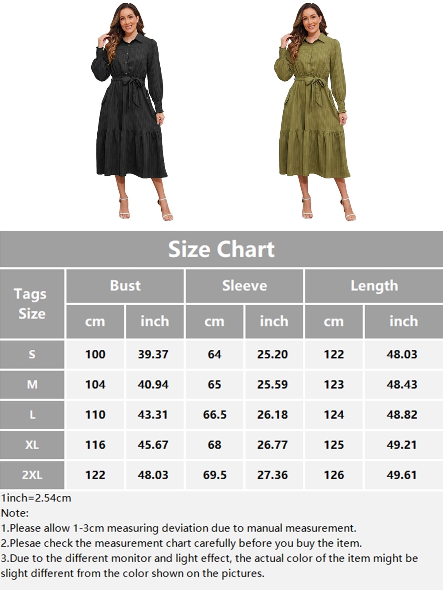 Walmart Frontwalk Fall Dresses For Women 2024 Lapel Neck Button Long Sleeve Dress Belted A-Line Flowy Rufflee Maxi Shirt Dress Casual Long Sundress Army Green XL
