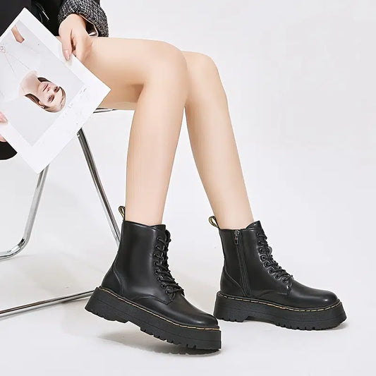 image 1 of Platform Black Short Combat Boots Fashion Comfortable Zipper & Lace Up Boots Women‘s Outdoor Footwear