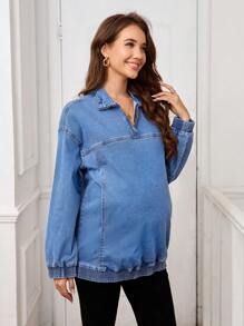 LocalSHEIN Maternity Loose Dolman Sleeve Zip Up Denim Jacket For Spring Autumn