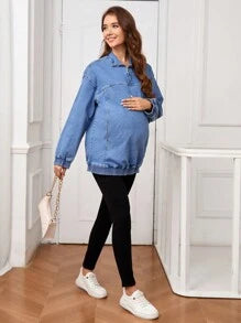 LocalSHEIN Maternity Loose Dolman Sleeve Zip Up Denim Jacket For Spring Autumn
