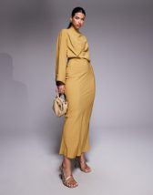 ASOS DESIGN maxi shirt dress with cinched waist detail in chocolate and navy gingham