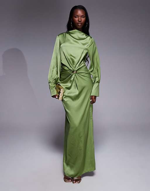 ASOS DESIGN twist front bias satin maxi dress with gold hardware in olive green