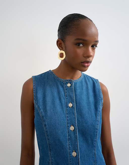 Topshop denim godet seamed midaxi dress in rich blue
