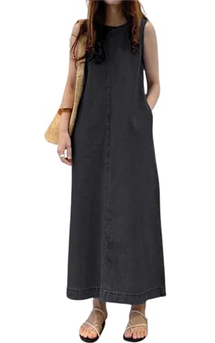 Amazon Womens Casual Sleeveless Maxi Denim Dress Crewneck Vintage Loose Long Vest Jean Dress with Pockets