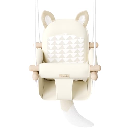 Amazon Wooden Hanging Baby Swing with Soft Safety Belt, Cozy Infant Swing Seat for Indoor & Outdoor Use, Adjustable Height, Includes Mounting Hardware – Suitable for Babies & Toddlers(Fox-Themed in Beige)
