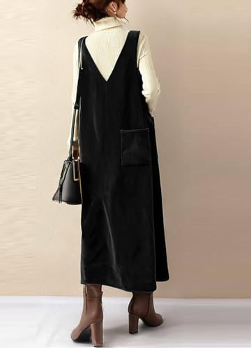 Amazon chouyatou Women's V-Neck Corduroy Overall Dress Jumper A-Line Midi Long Tank Pinafore Dress with Pockets