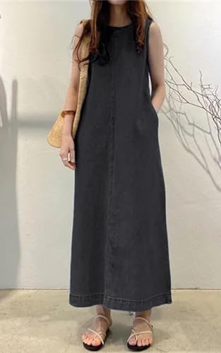 Amazon Womens Casual Sleeveless Maxi Denim Dress Crewneck Vintage Loose Long Vest Jean Dress with Pockets