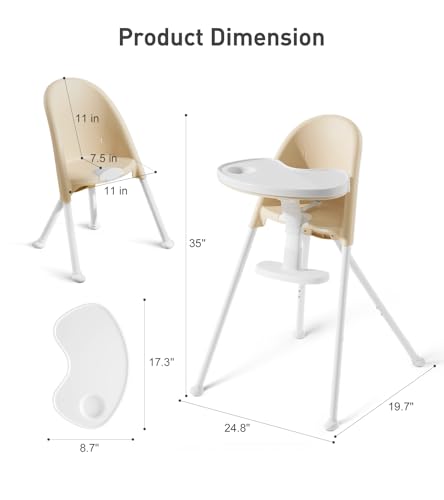 Amazon Mallify Foldable High Chair, Space-Saving Portable Baby High Chair with Removable Double Tray, Modern Convertible Baby Feeding Chair, Lightweight, Easy to Clean, Beige