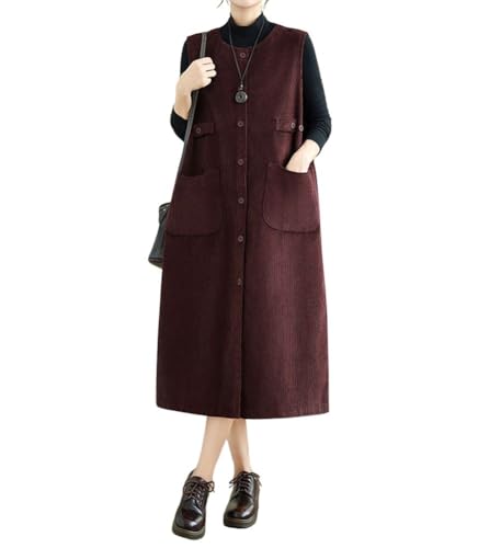 Amazon chouyatou Women's Cute Corduroy Overall Jumper Dress Button Down A Line Tank Midi Long Dress with Pockets