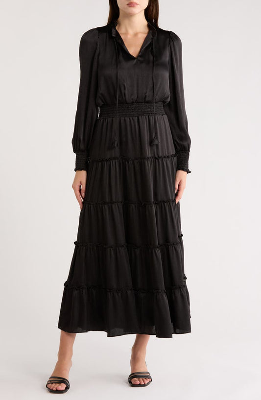 Halogen® Satin Long Sleeve Tiered Maxi Dress