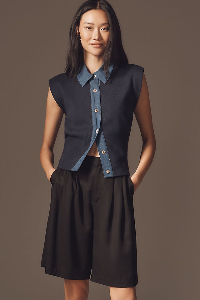 Anthropologie Maeve Collared Denim Muscle Sweater Vest