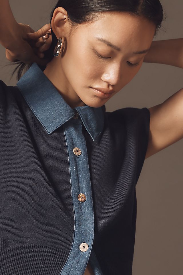 Anthropologie Maeve Collared Denim Muscle Sweater Vest