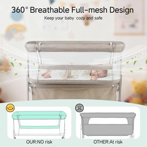 Amazon Cowiewie Bassinet Bedside Sleeper,Baby Bassinet Slides Over Bed,5-Position Height Adjustment & Breathable All-Mesh Wall Bedside Bassinet for Baby,Space-Saving Bedside Crib, Height(37.4-41.3"), Beige