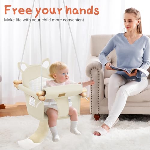 Amazon Wooden Hanging Baby Swing with Soft Safety Belt, Cozy Infant Swing Seat for Indoor & Outdoor Use, Adjustable Height, Includes Mounting Hardware – Suitable for Babies & Toddlers(Fox-Themed in Beige)