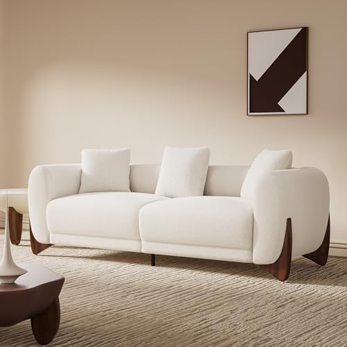 Amazon Morden Fort Modern Cloud Couch - 3 Seater Sherpa Boucle Sofa with Wood Legs, Ultra-Thick High Resilience Cushion with 3 Matching Pillows Upholstered Comfy Couch Sofa for Living Room - Off White