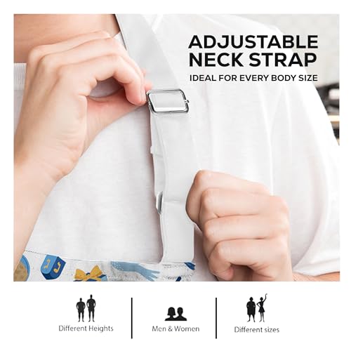 Professional Grade Premium Chef Kitchen Aprons for Cooking with Two Pockets, Water and Stain-Resistant, Machine Washable, Cute Cooking Aprons for Women and Men (Seasonal, Happy Hanukkah)
