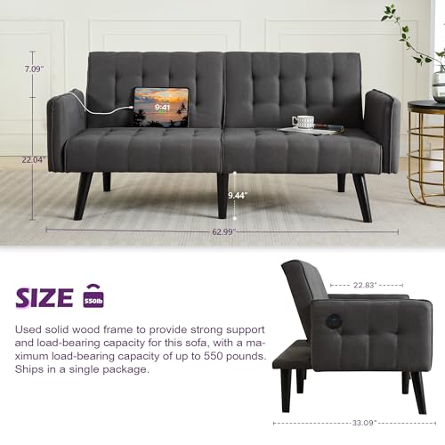 Amazon TYBOATLE 65“ Convertible Futon Sofa Bed w/ 2 USB, Upholstered Tufted Small Adjustable Folding Couch Loveseat, Modern Mid Century Sleeper Sofa for Living Room, Bedroom, Apartment, Office (Dark Grey)