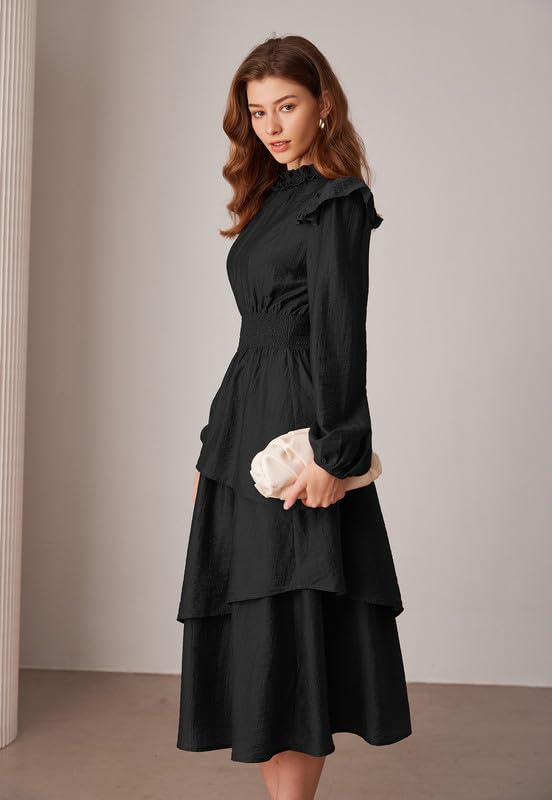GRACE KARIN Women's Long Sleeve Fall Dresses 2024 Casual Ruffle Mock Neck Midi Wedding Guest Cocktail Flowy Dress
