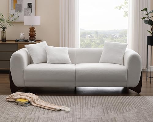 Amazon Morden Fort Modern Cloud Couch - 3 Seater Sherpa Boucle Sofa with Wood Legs, Ultra-Thick High Resilience Cushion with 3 Matching Pillows Upholstered Comfy Couch Sofa for Living Room - Off White