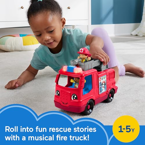 Fisher-Price Little People Toddler Toy Fire Truck Musical Push-Along Vehicle with 2 Figures for Pretend Play Ages 1+ Years