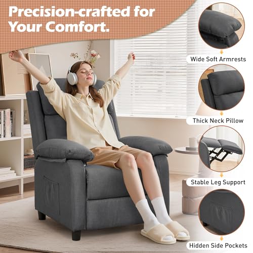 Amazon Recliner Chair for Adults, Padded Deep Seat Reading Chair with Side Pockets, Small Recliners for Small Spaces, Adjustable Chair for Living Room, Bedroom, and RV (Linen)