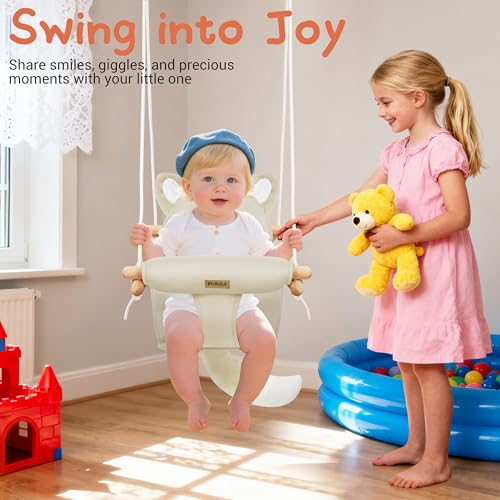 Amazon Wooden Hanging Baby Swing with Soft Safety Belt, Cozy Infant Swing Seat for Indoor & Outdoor Use, Adjustable Height, Includes Mounting Hardware – Suitable for Babies & Toddlers(Fox-Themed in Beige)