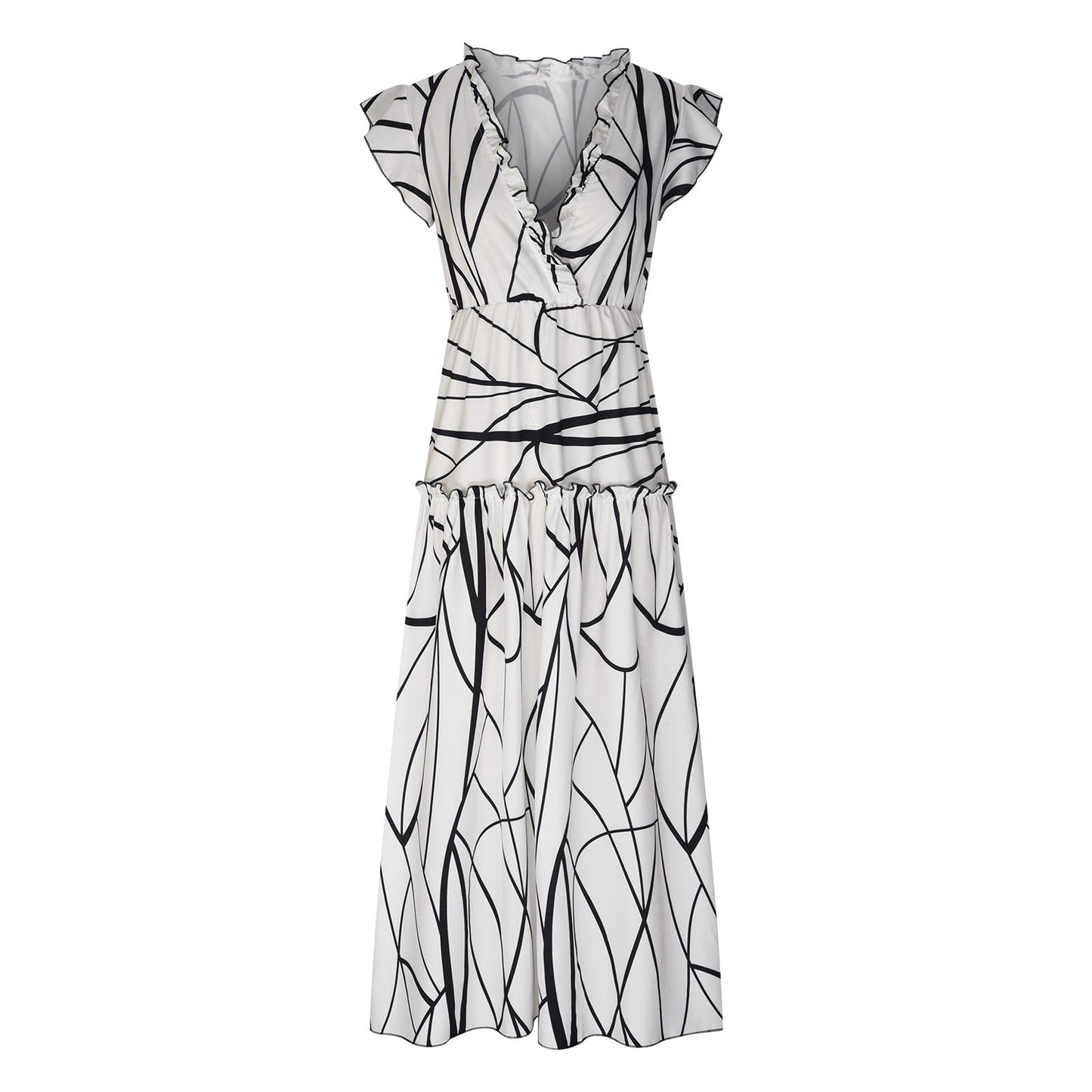 Walmart Cyber&Monday Deals Wycnly Womens Dresses Short Sleeve V-Neck Striped Print Casual Maxi Summer Dress High Waist Flowy Ruffle Swing Beach Sun Dresses White M