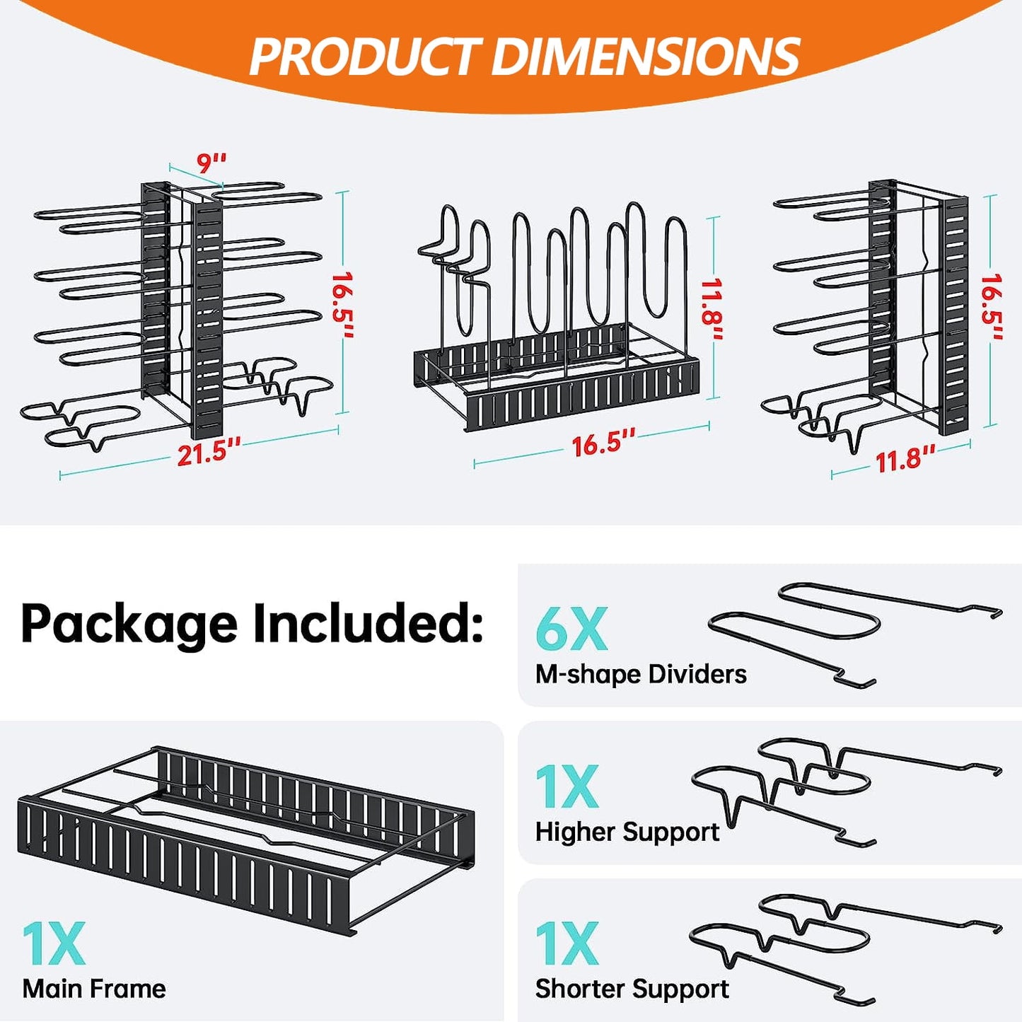 thumbnail image 6 of PHANCIR Pots and Pans Organizer Rack, 3 DIY Methods Adjustable 8-Tier Pot and Pan Rack, Metal Heavy Duty Organizer with Anti-slip Silicone Pad for Cabinet Kitchen Organization Storage, 6 of 9