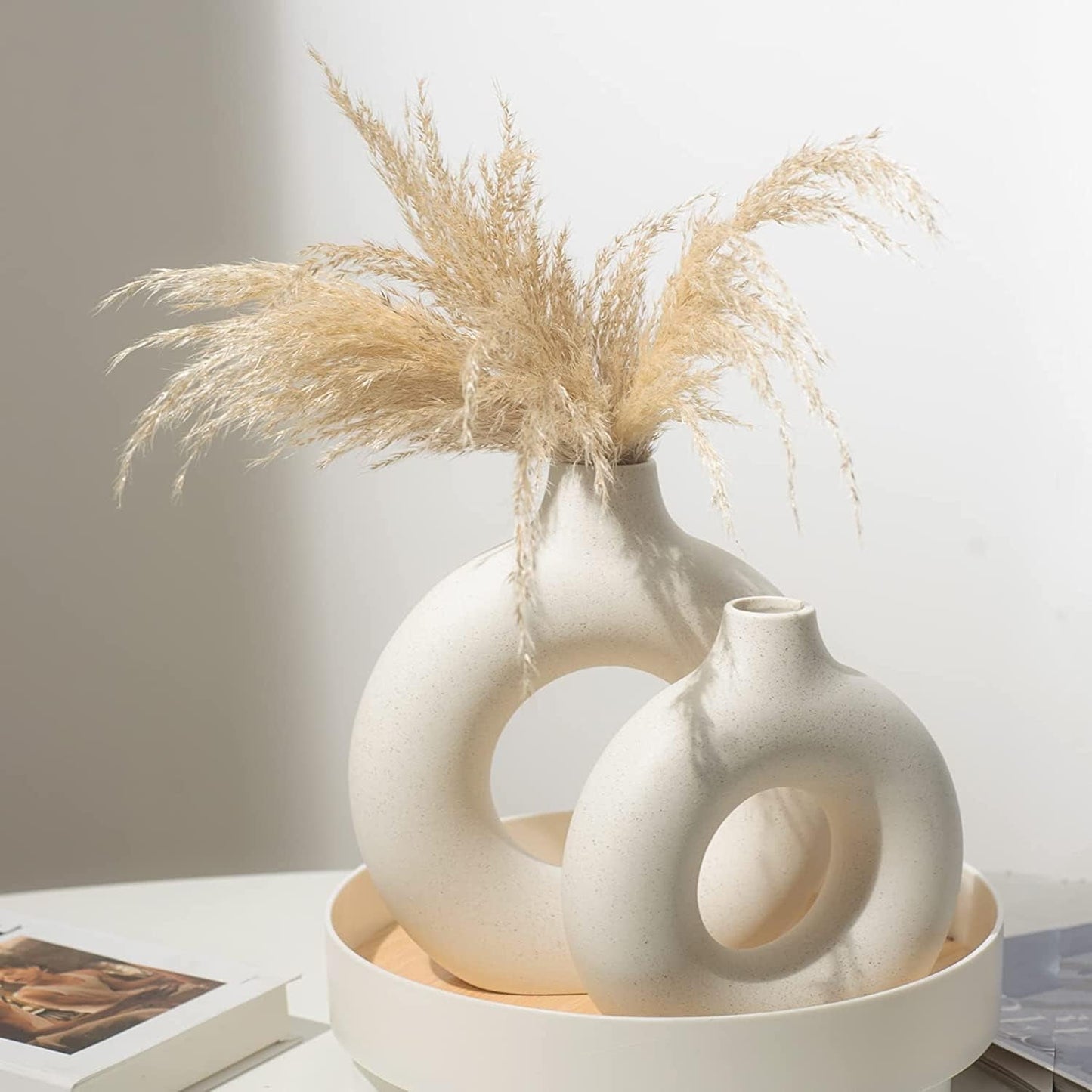 Walmart Puseky Nordic Style Ceramic Vase Set of 2, White Ceramic Vase for Home Decor, Modern Farmhouse Donut Shape Flower Vase for Bookshelf
