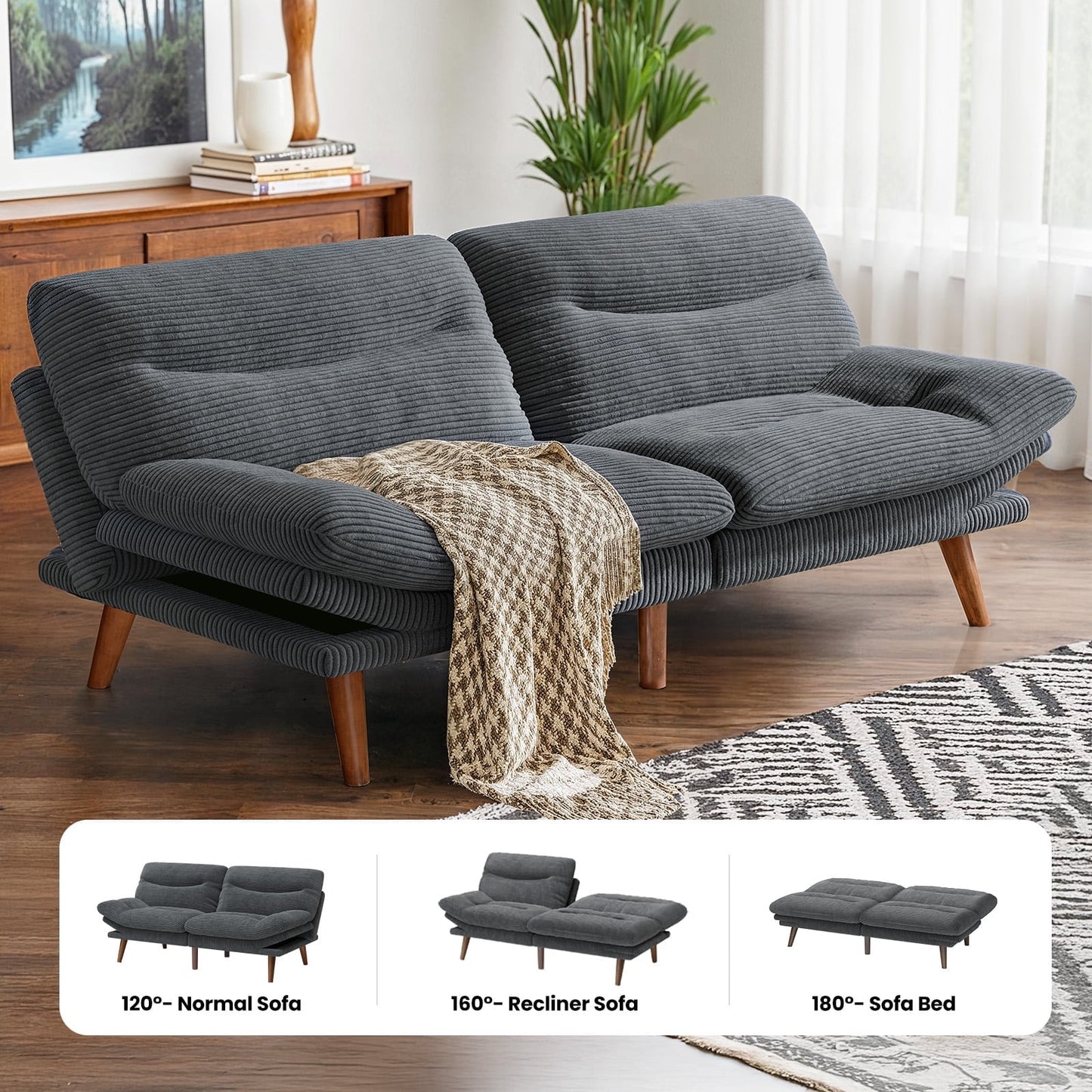 Walmart CHITOOMA 75" Corduroy Futon Sofa Bed, Gray Convertible Couch with Adjustable Backrest and 6-Level Armrests, Comfy Sleeper Sofa for Living Room, Apartment, or Office