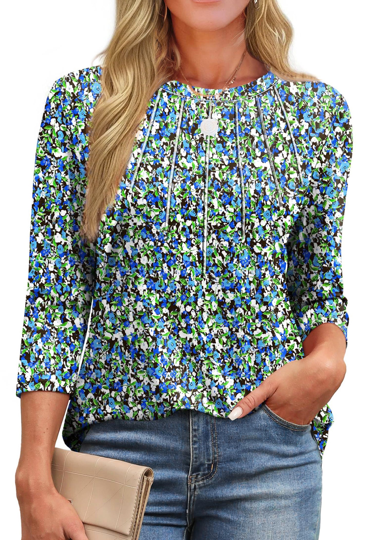 Walmart Fantaslook Womens Plus Size Tops 3/4 Sleeve Pleated Dressy Blouses Crew Neck Casual Tunic Tops Summer Shirts