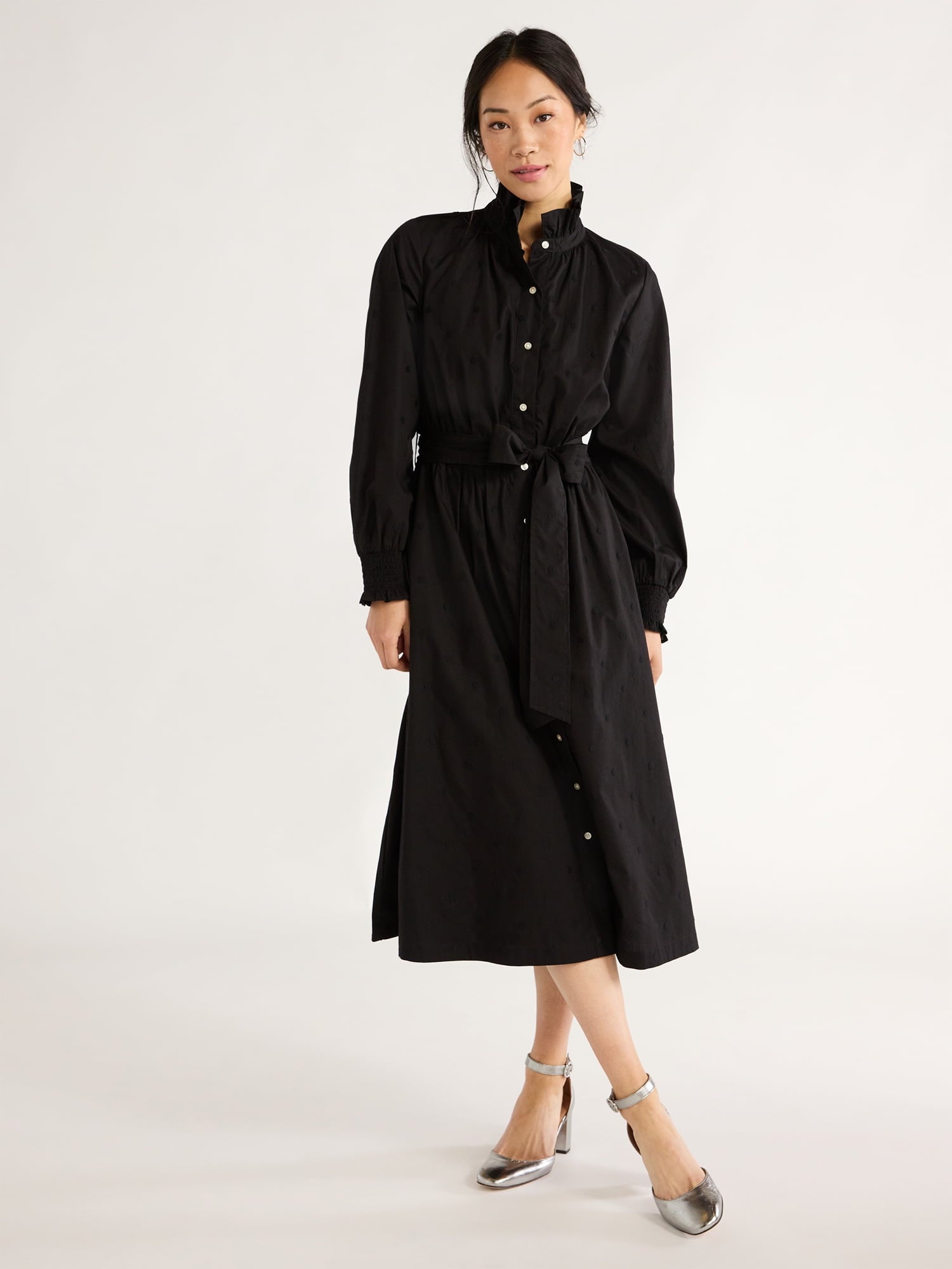 thumbnail image 1 of Free Assembly Women's Ruffle Neck Cotton Embroidered Midi Dress, Sizes XS-XXL, 1 of 5