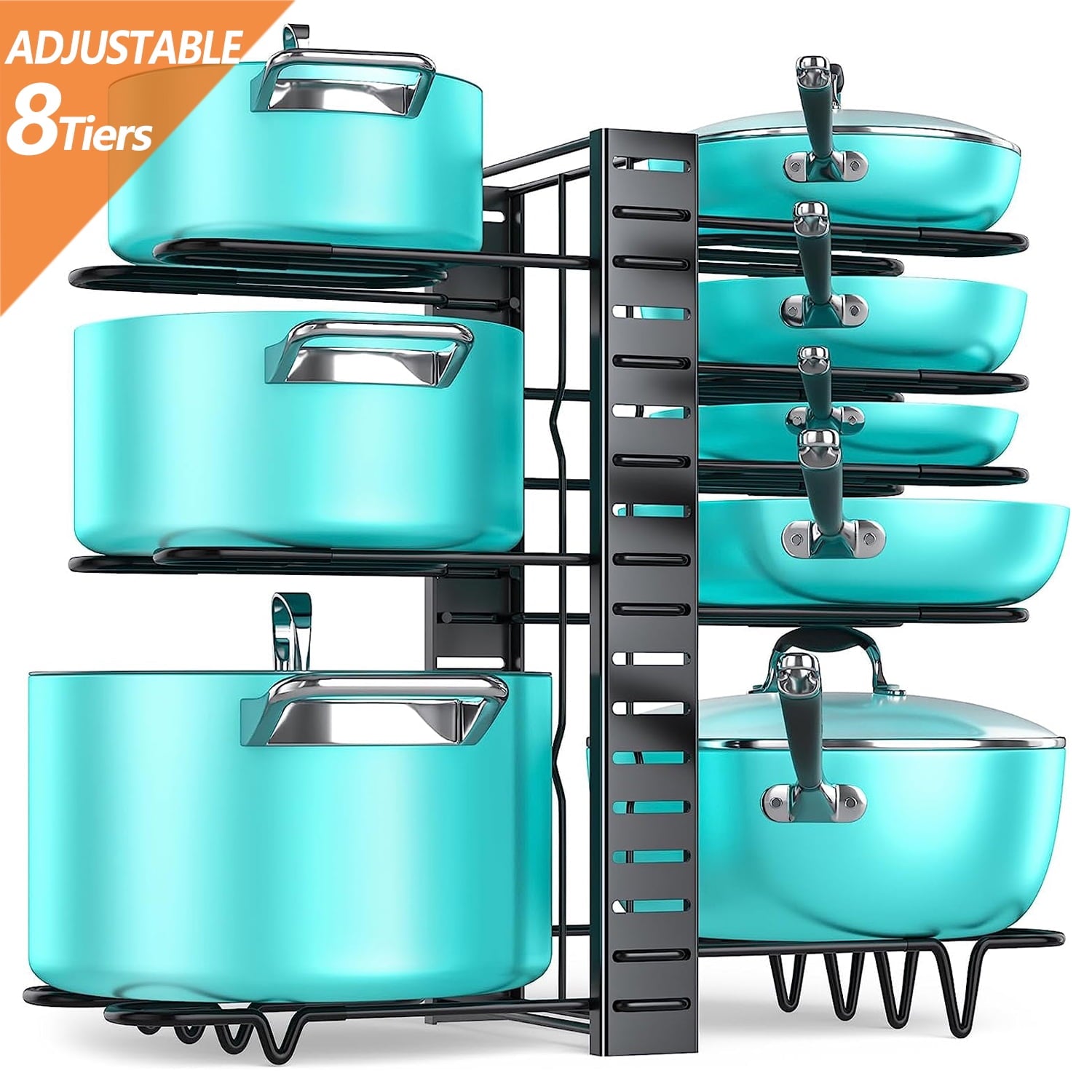 thumbnail video image 2 of PHANCIR Pots and Pans Organizer Rack, 3 DIY Methods Adjustable 8-Tier Pot and Pan Rack, Metal Heavy Duty Organizer with Anti-slip Silicone Pad for Cabinet Kitchen Organization Storage, 2 of 9