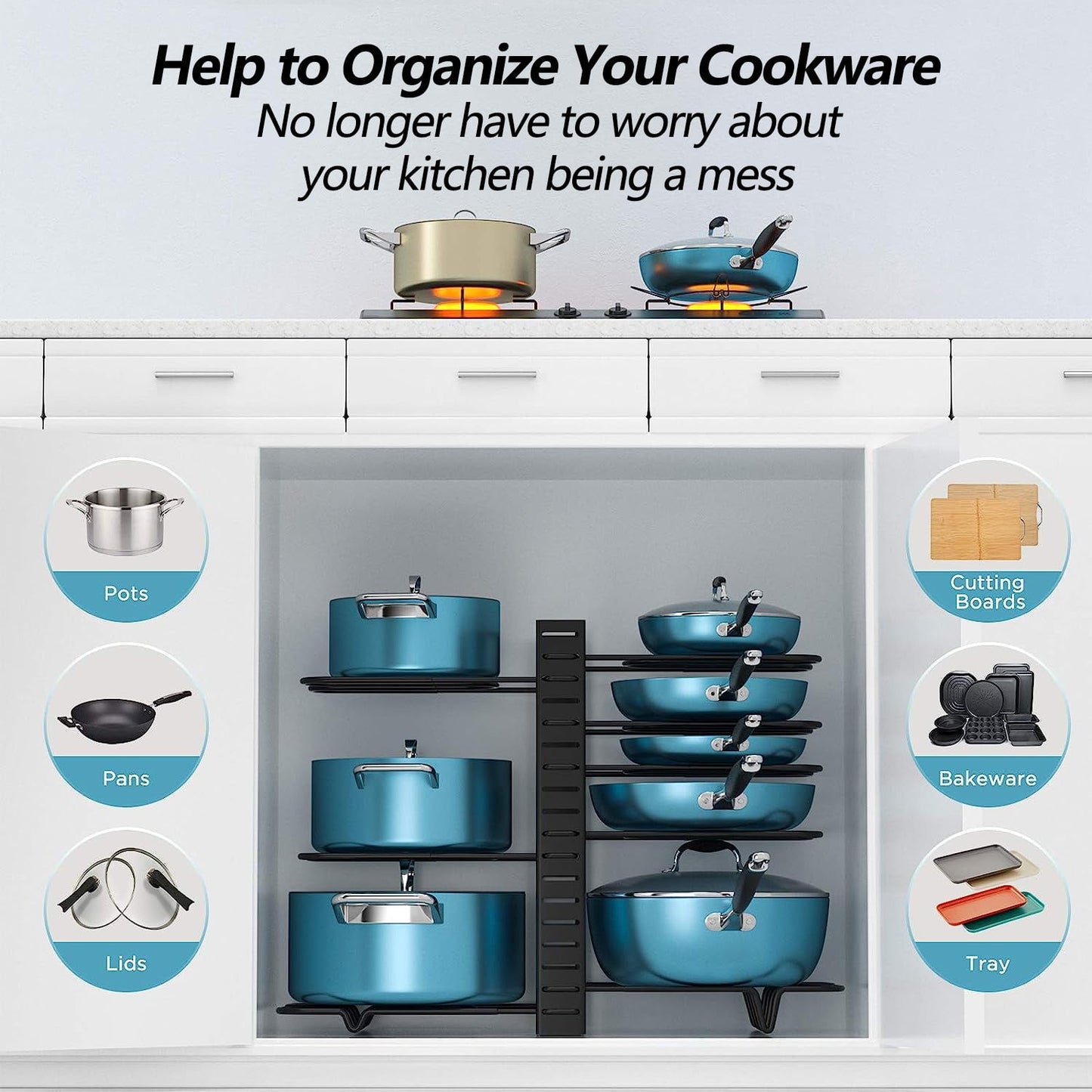thumbnail image 4 of PHANCIR Pots and Pans Organizer Rack, 3 DIY Methods Adjustable 8-Tier Pot and Pan Rack, Metal Heavy Duty Organizer with Anti-slip Silicone Pad for Cabinet Kitchen Organization Storage, 4 of 9