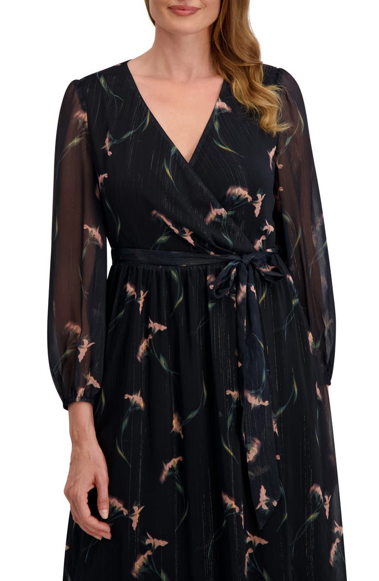 Laundry by Shelli Segal Maya Floral Long Sleeve Faux Wrap Chiffon Dress