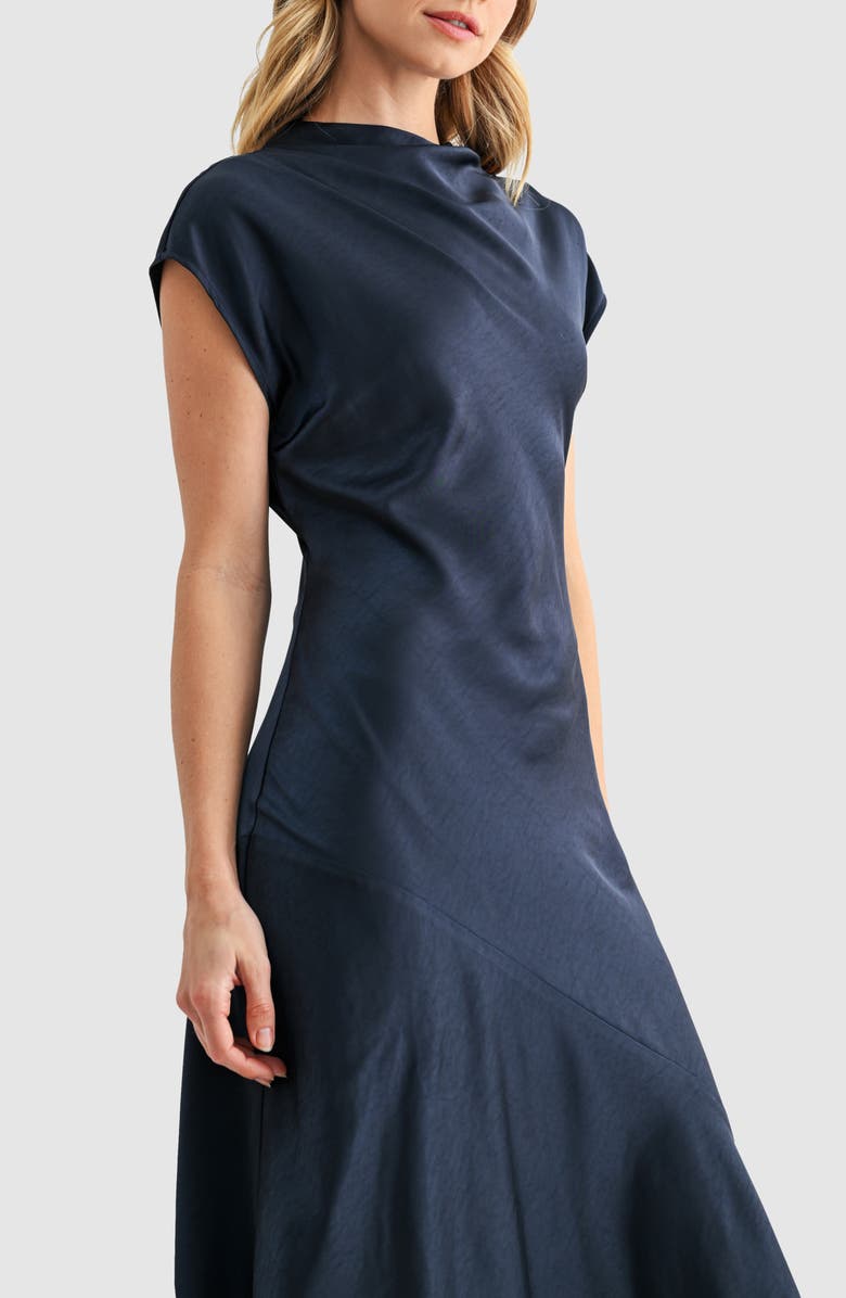 Mila Mae Short Sleeve Asymmetric Hem Satin Maxi Dress