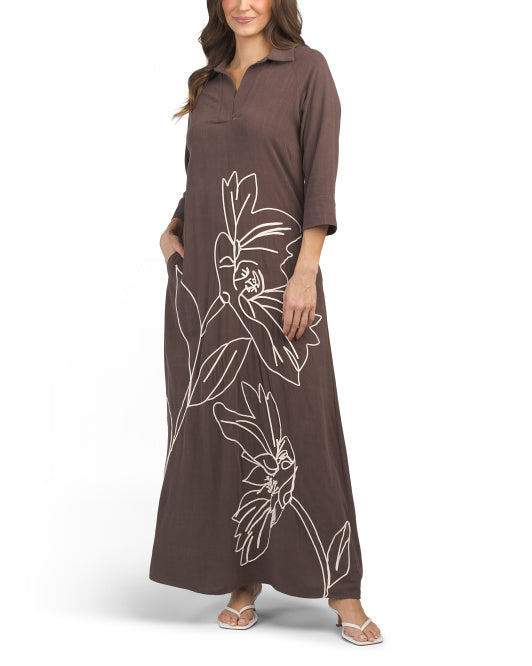 SOLITAIRE Linen Blend Three-quarter Sleeve Floral Soutache Maxi Dress