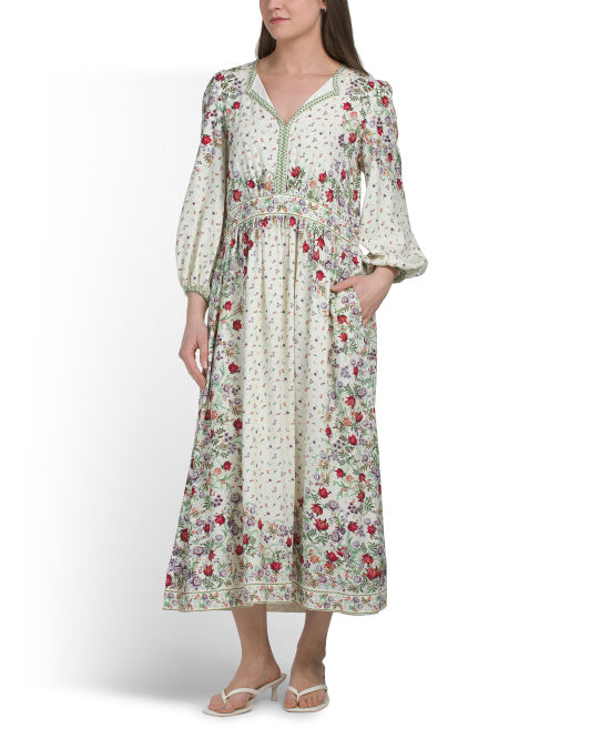 MAX STUDIO Linen Blend Puff Sleeve V-neck Maxi Dress