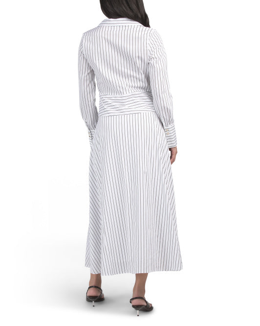 ELLEN TRACY Stretch Poplin Belted Flared Maxi Shirt Dress