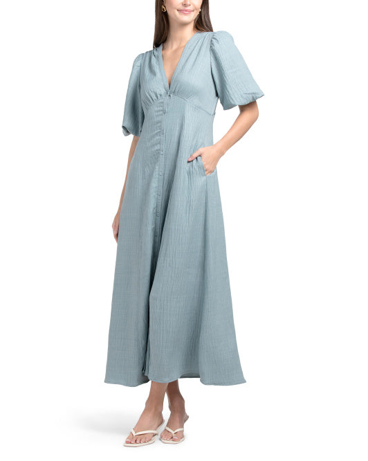 MAX STUDIO V-neck Bubble Sleeve Maxi Dress