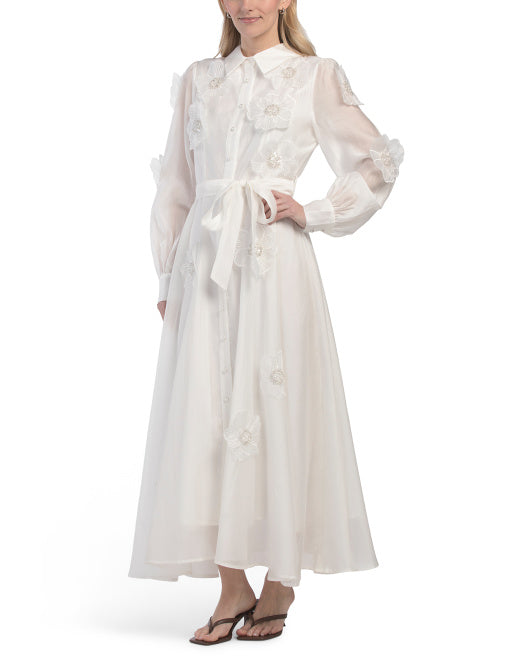 DALIA MACPHEE Long Sleeve Floral Applique Maxi Dress