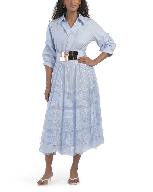DALIA MACPHEE Three-quarter Sleeve Eyelet Maxi Dress With Exaggerated Belt
