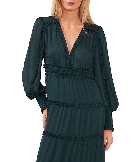 Color:Ponderosa Pine - Image 3 - Plisse Satin Ruffle Deep V-Neck Long Smocked Cuff Sleeve Tiered Maxi Dress