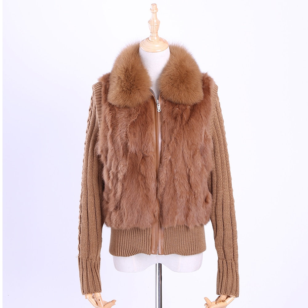2020 Women's Genuine Real Rabbit Fur Fox Fur Collar Knitting Sleeve Women's Winter Coat Fur Jacket Casual Short Outwear Slim