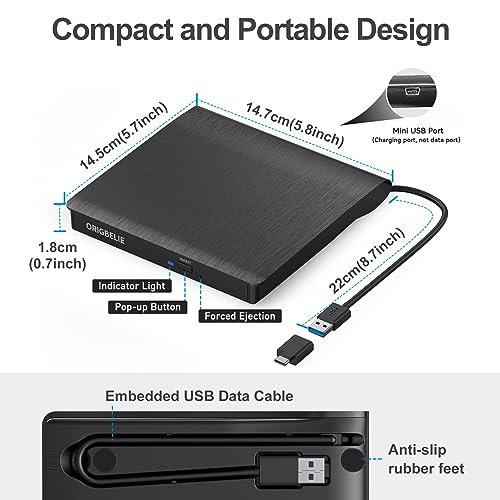 ORIGBELIE External CD/DVD Drive for Laptop, USB 3.0 CD Burner +/-RW CD ROM External DVD Drive Portable DVD Player for Laptop Desktop PC Apple Mac Windows 11/10/8/7/XP Linux OS