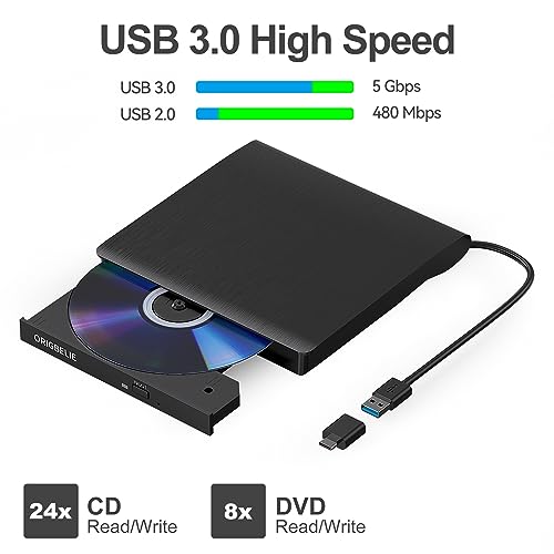 ORIGBELIE External CD/DVD Drive for Laptop, USB 3.0 CD Burner +/-RW CD ROM External DVD Drive Portable DVD Player for Laptop Desktop PC Apple Mac Windows 11/10/8/7/XP Linux OS