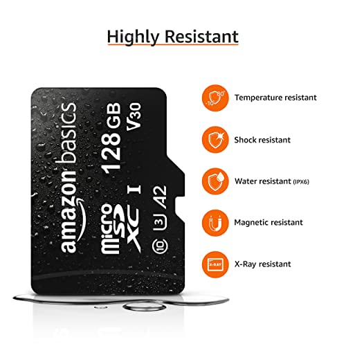 Amazon Basics Micro SDXC Memory Card with Full Size Adapter, A2, U3, Read Speed up to 100 MB/s, 128 GB, Black
